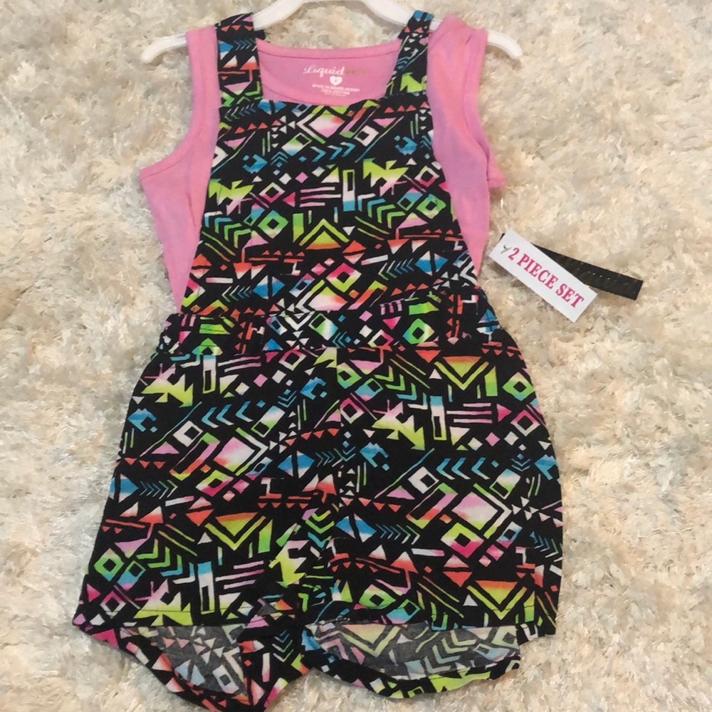 Girls 2 piece set tank with multicolored overalls
